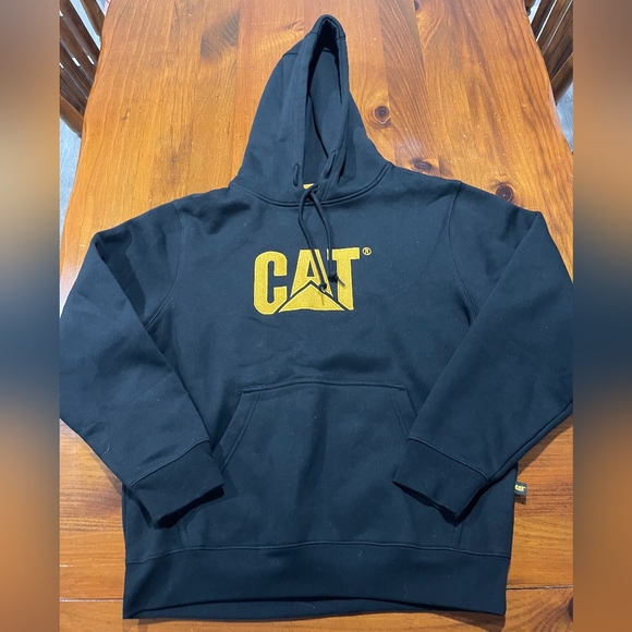 Cat Mens Black Yellow Embroidered Graphic Cotton Blend Pullover Hoodie Size LG - Picture 1 of 3